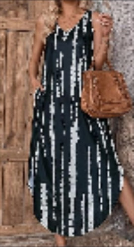 Women's Tie Dye Tank Max Dress Sleeveless V Neck Asymmetrical Split Hem Dresses With Pocket Vacation Dress