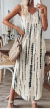 Women's Tie Dye Tank Max Dress Sleeveless V Neck Asymmetrical Split Hem Dresses With Pocket Vacation Dress