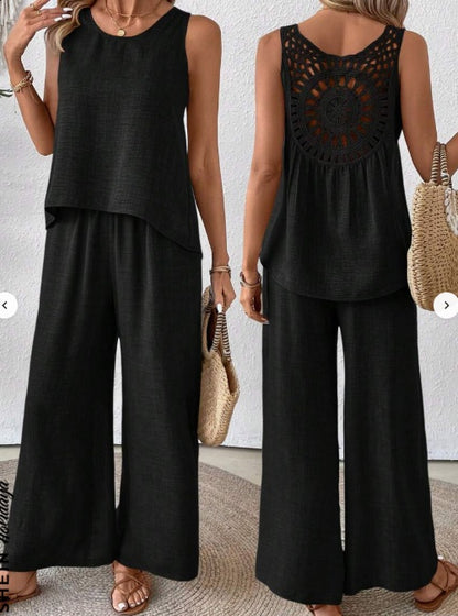 Solid Tank Top & Wide Leg Pants For Summer Vacation