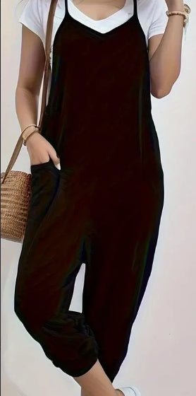 Solid Patched Pockets Overall Jumpsuit - Versatile V-neck Design For Spring & Summer - Women's Clothing - For Fashionable Women - Perfect For Casual & Outdoor Occasions - Great Gift For Birthday & Hol