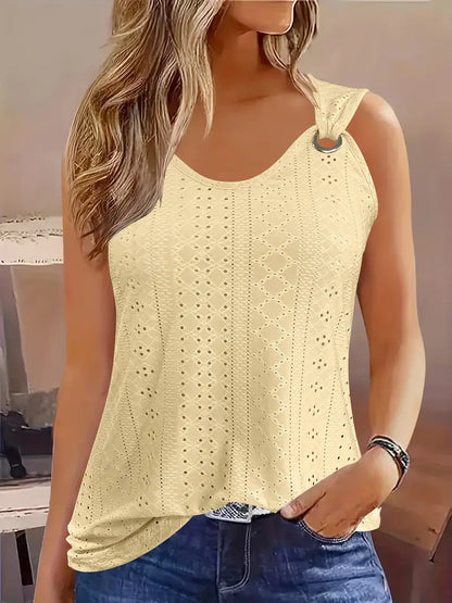 Eyelet Solid Tank Top, Casual Sleeveless Tank Top For Summer, Women's Clothing