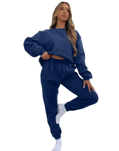 Solid Color Round Neck Pullover, Long Pants And Long Sleeve Hoodie Set