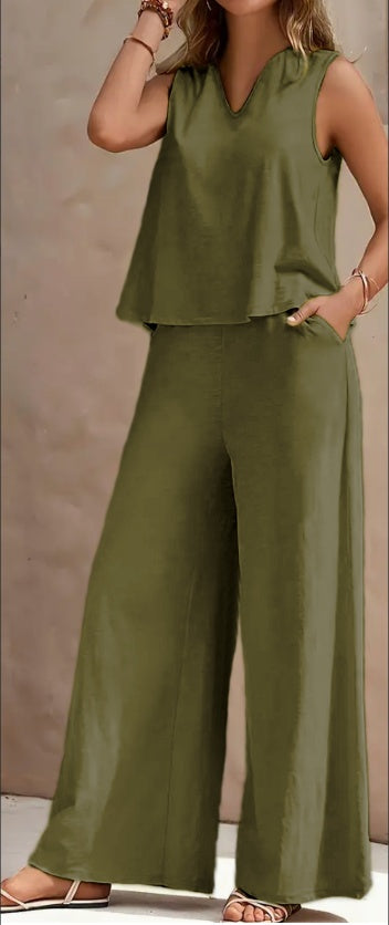 Vibrant Solid Color Casual Pants Set - V Neck Sleeveless Tank Top, Wide Leg Pants With Pocket, Polyester Fabric, Machine Washable - Perfect For Summer, All Season Wear