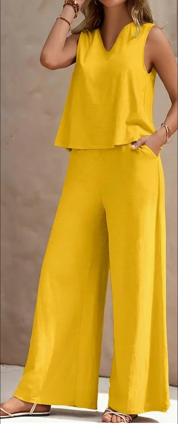 Vibrant Solid Color Casual Pants Set - V Neck Sleeveless Tank Top, Wide Leg Pants With Pocket, Polyester Fabric, Machine Washable - Perfect For Summer, All Season Wear