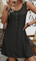 Elegant Women's Round Neck Button-Up Dress - Sleeveless, Solid Color, Short Length, Elegant Special Project Style, Conventional Version, Xia